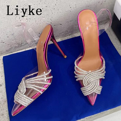 Liyke Stil Piste Sclipici Strasuri Femei Pompe Sandale Slingback De Vară PVC Curea Transparentă Tocuri Înalte Pantofi De Bal De petrecere