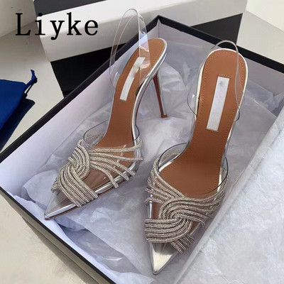 Liyke Stil Piste Sclipici Strasuri Femei Pompe Sandale Slingback De Vară PVC Curea Transparentă Tocuri Înalte Pantofi De Bal De petrecere