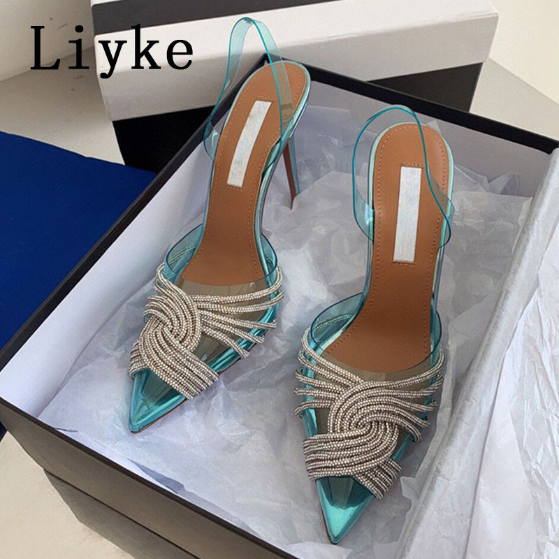 Liyke Stil Piste Sclipici Strasuri Femei Pompe Sandale Slingback De Vară PVC Curea Transparentă Tocuri Înalte Pantofi De Bal De petrecere