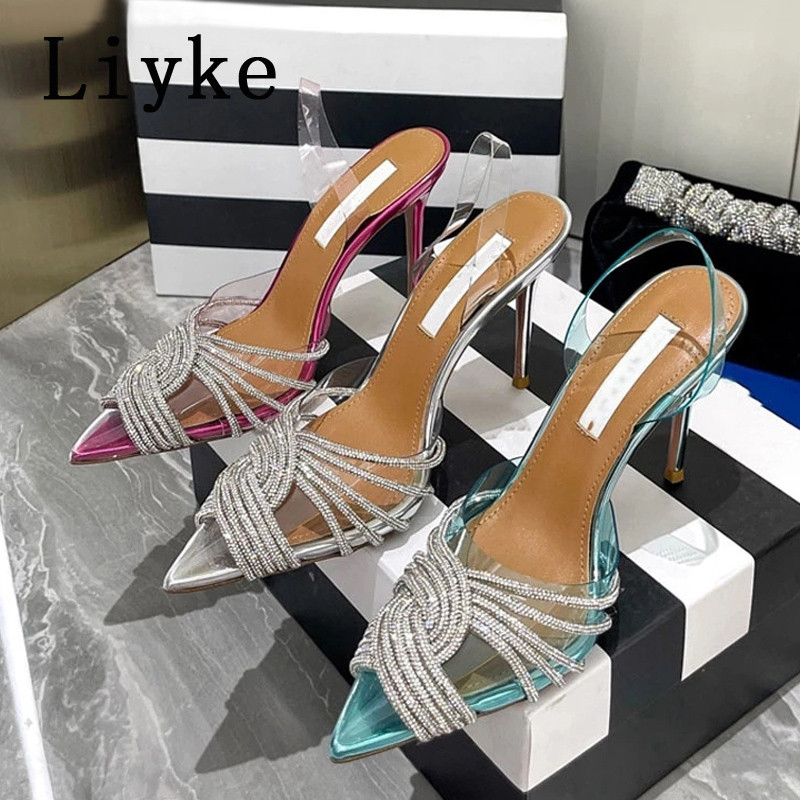 Liyke Stil Piste Sclipici Strasuri Femei Pompe Sandale Slingback De Vară PVC Curea Transparentă Tocuri Înalte Pantofi De Bal De petrecere