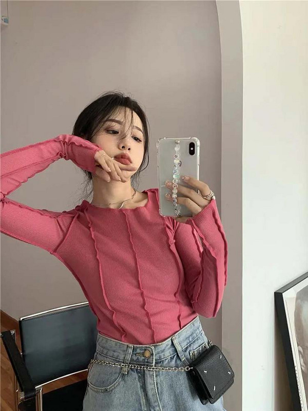 Dámske tričká s dlhým rukávom, jarné, pevné, s výstrihom do O, elegantné, svetlé, s dekoráciou, štíhle, ležérne, mäkké, vysoko kvalitné, dámske oblečenie