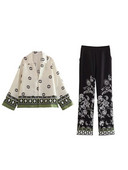 TRAF Ljetni ženski kompleti hlača s bluzama s printom 2023. Kauzalne majice s dugim rukavima s jednim kopčanjem Strsight Hlače Odjeća u stilu plaže