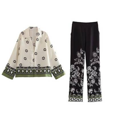 TRAF Ljetni ženski kompleti hlača s bluzama s printom 2023. Kauzalne majice s dugim rukavima s jednim kopčanjem Strsight Hlače Odjeća u stilu plaže