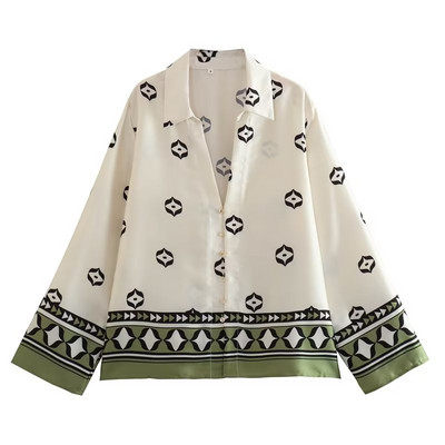 TRAF Ljetni ženski kompleti hlača s bluzama s printom 2023. Kauzalne majice s dugim rukavima s jednim kopčanjem Strsight Hlače Odjeća u stilu plaže