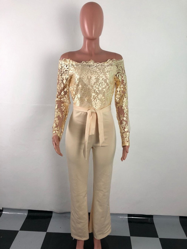 OKAYOASIS Sexy Lady 7 boja Patchwork čipkani kombinezoni širokih nogavica Ženski dugi kombinezon dugih rukava s vezom za remen za zabave