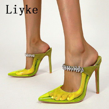 Liyke Секси PVC прозрачни дамски сандали с остри пръсти Модни сандали с кристали Стилети с високи токчета Мулета Чехли Сватбени обувки