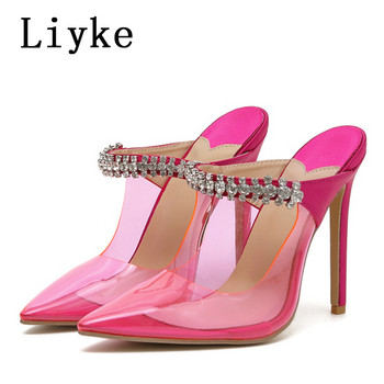 Liyke Секси PVC прозрачни дамски сандали с остри пръсти Модни сандали с кристали Стилети с високи токчета Мулета Чехли Сватбени обувки