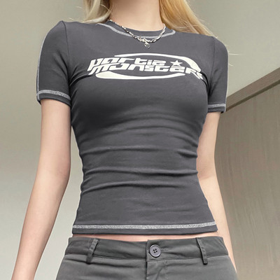 Elastična majica kratkih rukava Y2K Vintage print Ženska uska majica s kratkim rukavima Rebraste majice s dugim rukavima i O-izrezom Grunge majica puloveri u korejskom stilu Novo 2023.