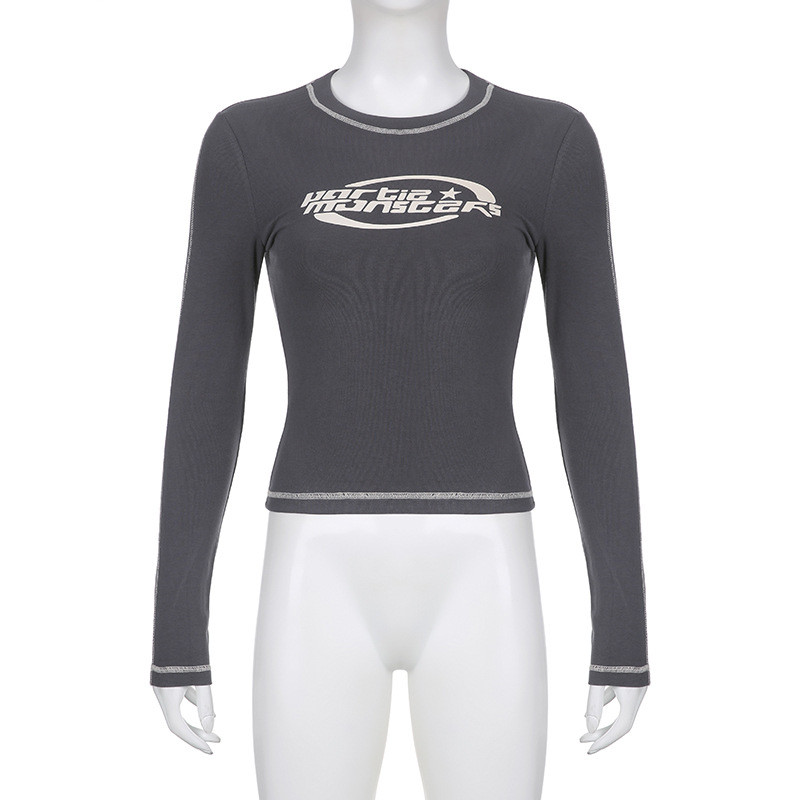 Elastična majica kratkih rukava Y2K Vintage print Ženska uska majica s kratkim rukavima Rebraste majice s dugim rukavima i O-izrezom Grunge majica puloveri u korejskom stilu Novo 2023.