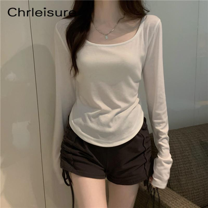 CHRLEISURE Ženske nepravilne majice dugih rukava, ležerne, proljeće, jesen, jednobojne kratke majice s četvrtastim izrezom, modne, uske majice, novo