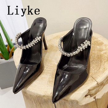 Модни дамски обувки с кристали на марката Liyke, бели кожени тънки сандали с мулета с високи токчета, секси обувки с остри връхчета, обувки с високи токчета, чехли
