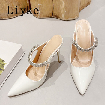 Модни дамски обувки с кристали на марката Liyke, бели кожени тънки сандали с мулета с високи токчета, секси обувки с остри връхчета, обувки с високи токчета, чехли
