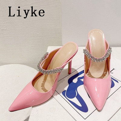 Liyke Brand Fashion Strass Femei Pompe din piele albă Tocuri subțiri Mules Sandale Sexy cu vârf ascuțit Pantofi stiletto Papuci