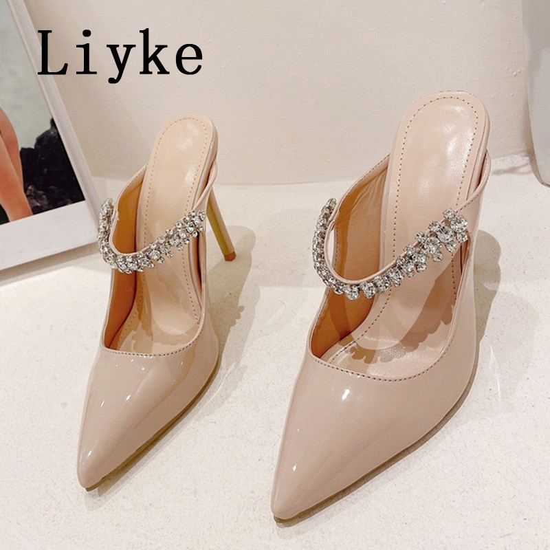 Liyke Brand Fashion Strass Femei Pompe din piele albă Tocuri subțiri Mules Sandale Sexy cu vârf ascuțit Pantofi stiletto Papuci