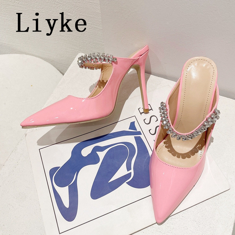Liyke Brand Fashion Strass Femei Pompe din piele albă Tocuri subțiri Mules Sandale Sexy cu vârf ascuțit Pantofi stiletto Papuci