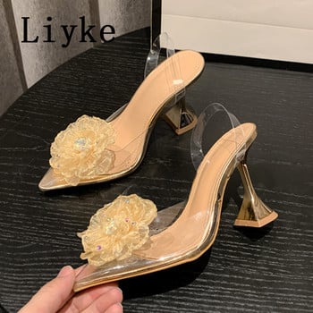 Liyke Fashion Design Crystal Flower Women Pumps Διαφανές PVC με μυτερά δάχτυλα Χρυσά ψηλοτάκουνα παπούτσια για χορό Σανδάλια με σαγιονάρες