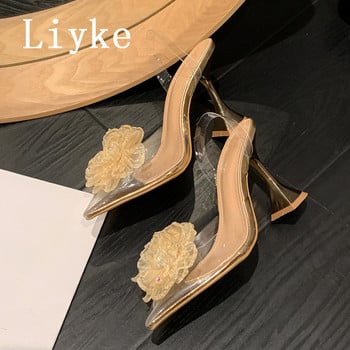 Liyke Fashion Design Crystal Flower Women Pumps Διαφανές PVC με μυτερά δάχτυλα Χρυσά ψηλοτάκουνα παπούτσια για χορό Σανδάλια με σαγιονάρες