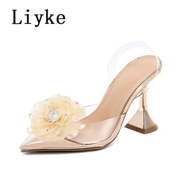 Liyke Fashion Design Crystal Flower Women Pumps Διαφανές PVC με μυτερά δάχτυλα Χρυσά ψηλοτάκουνα παπούτσια για χορό Σανδάλια με σαγιονάρες