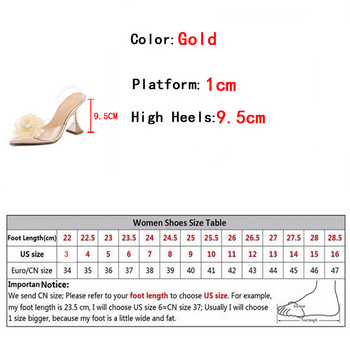Liyke Моден дизайн Crystal Flower Дамски помпи Прозрачни PVC остри пръсти Златни високи токчета Абитуриентски обувки Сандали с гръб