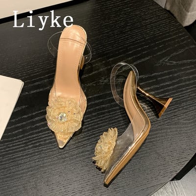 Liyke, cu design de modă, cu flori de cristal, pantofi pentru femei, din PVC transparent, cu vârf ascuțit, cu tocuri înalte aurii, pantofi pentru bal de absolvire, sandale cu slingback