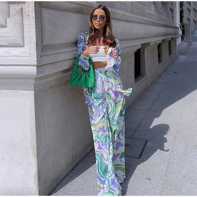 Hétköznapi nyomtatott hosszú ujjú blúz, 2 részes készletek Női divatos városi galléros felsők nadrágkosztümök 2022-es női utcai ruhák