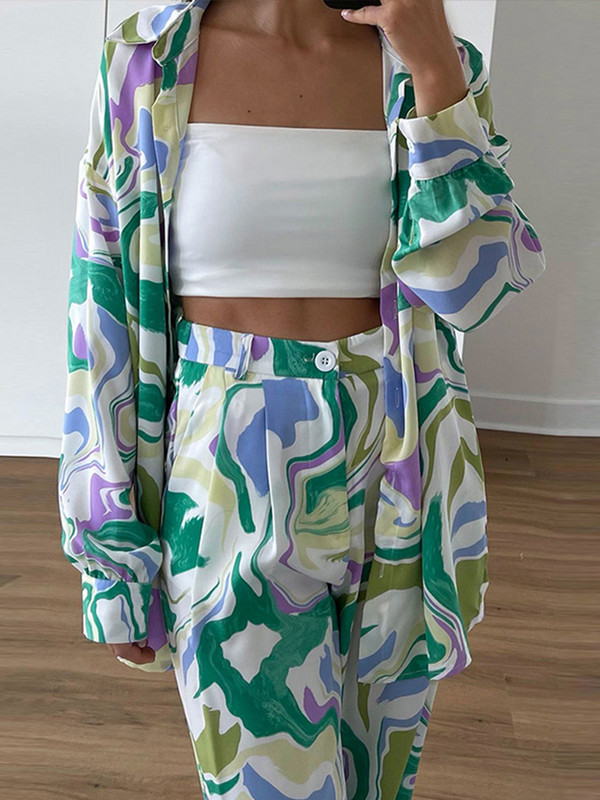 Hétköznapi nyomtatott hosszú ujjú blúz, 2 részes készletek Női divatos városi galléros felsők nadrágkosztümök 2022-es női utcai ruhák