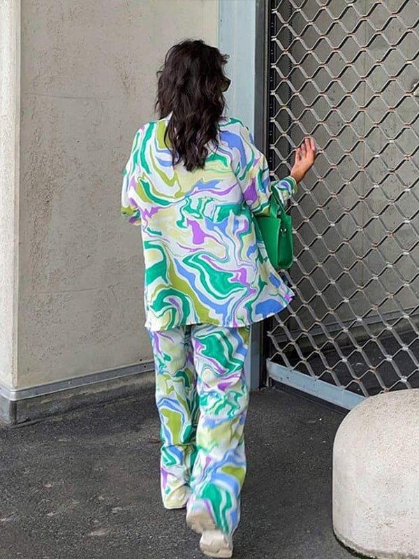 Hétköznapi nyomtatott hosszú ujjú blúz, 2 részes készletek Női divatos városi galléros felsők nadrágkosztümök 2022-es női utcai ruhák