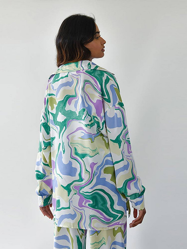 Hétköznapi nyomtatott hosszú ujjú blúz, 2 részes készletek Női divatos városi galléros felsők nadrágkosztümök 2022-es női utcai ruhák