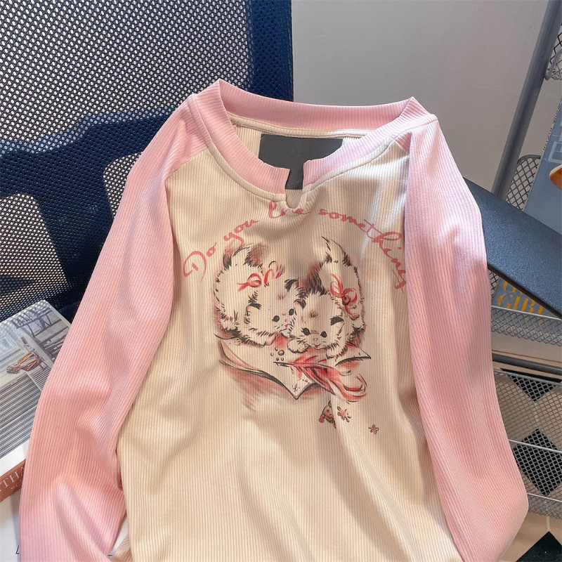 Módne vintage tričká s kontrastnými farbami, kreslené písmená, potlač, topy s dlhým rukávom, jarné tričká, ležérne voľné, sladké dámske oblečenie 2023