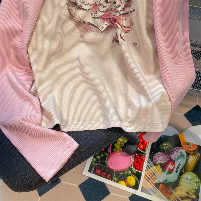 Módne vintage tričká s kontrastnými farbami, kreslené písmená, potlač, topy s dlhým rukávom, jarné tričká, ležérne voľné, sladké dámske oblečenie 2023