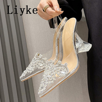 Liyke Нови PVC прозрачни дамски помпи Секси кристални високи токчета с остри пръсти Сватбени абитуриентски сандали Пролетни прозрачни обувки