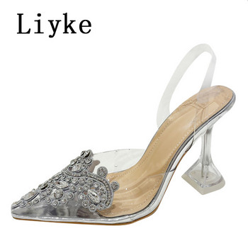 Liyke Нови PVC прозрачни дамски помпи Секси кристални високи токчета с остри пръсти Сватбени абитуриентски сандали Пролетни прозрачни обувки