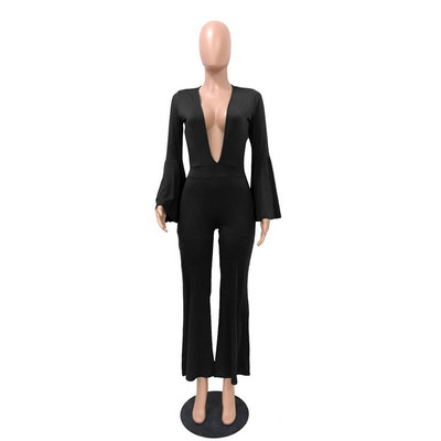 Dámsky overal s rozšírenými rukávmi, výstrihom do V, úzky overal, jesenný ležérny overal so širokými nohavicami, sexy klubový overal, vintage overal, overaly