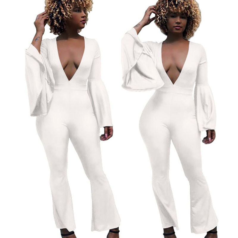 Dámsky overal s rozšírenými rukávmi, výstrihom do V, úzky overal, jesenný ležérny overal so širokými nohavicami, sexy klubový overal, vintage overal, overaly