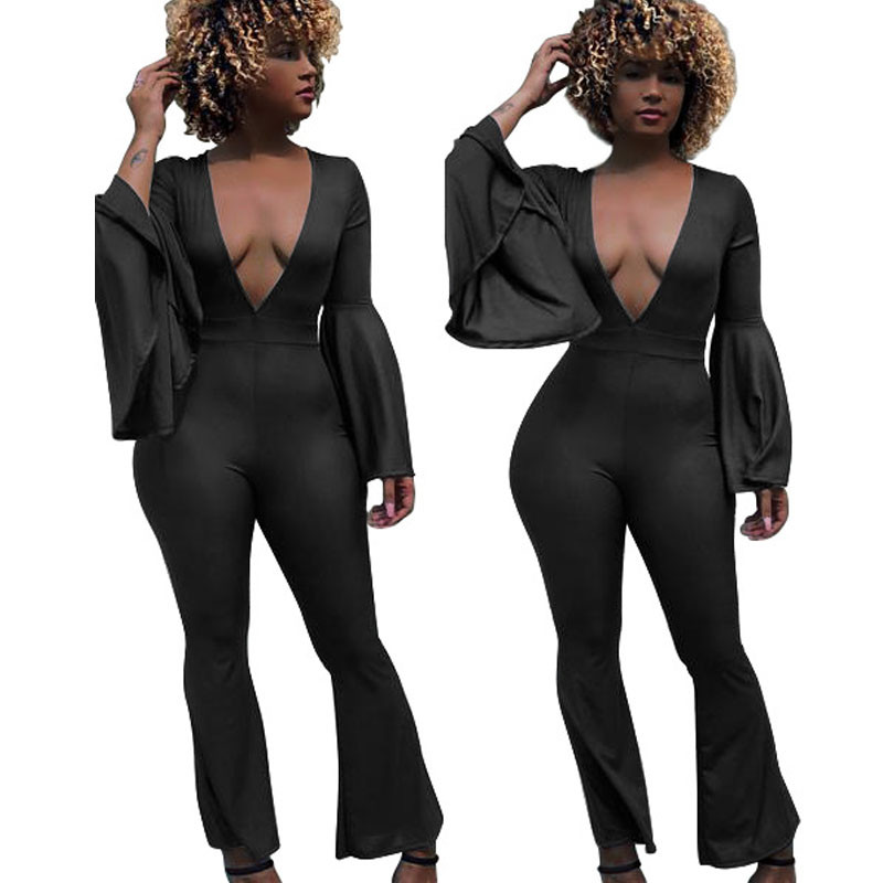 Dámsky overal s rozšírenými rukávmi, výstrihom do V, úzky overal, jesenný ležérny overal so širokými nohavicami, sexy klubový overal, vintage overal, overaly