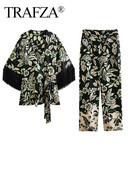 TRAFZA la modă de vară pentru femeie elegantă cu șireturi, cu decolteu în V, cardigan cu mâneci lungi, bluze +Pantaloni largi, subțiri, largi, cu imprimare vintage pentru femei