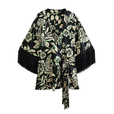 TRAFZA la modă de vară pentru femeie elegantă cu șireturi, cu decolteu în V, cardigan cu mâneci lungi, bluze +Pantaloni largi, subțiri, largi, cu imprimare vintage pentru femei