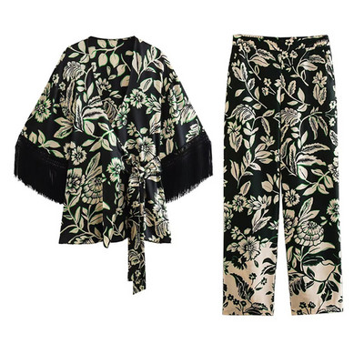 TRAFZA la modă de vară pentru femeie elegantă cu șireturi, cu decolteu în V, cardigan cu mâneci lungi, bluze +Pantaloni largi, subțiri, largi, cu imprimare vintage pentru femei