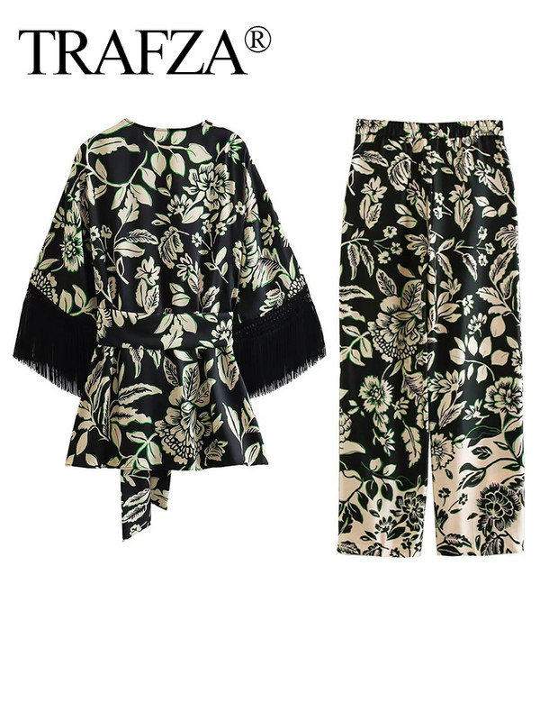 TRAFZA la modă de vară pentru femeie elegantă cu șireturi, cu decolteu în V, cardigan cu mâneci lungi, bluze ＋Pantaloni largi, subțiri, largi, cu imprimare vintage pentru femei