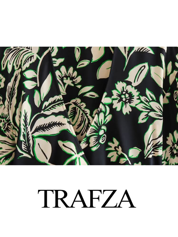 TRAFZA la modă de vară pentru femeie elegantă cu șireturi, cu decolteu în V, cardigan cu mâneci lungi, bluze ＋Pantaloni largi, subțiri, largi, cu imprimare vintage pentru femei