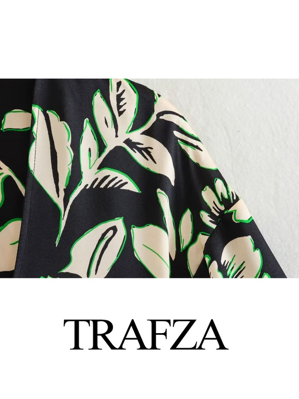 TRAFZA la modă de vară pentru femeie elegantă cu șireturi, cu decolteu în V, cardigan cu mâneci lungi, bluze ＋Pantaloni largi, subțiri, largi, cu imprimare vintage pentru femei