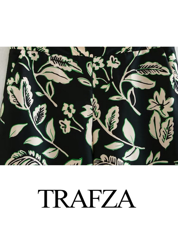 TRAFZA la modă de vară pentru femeie elegantă cu șireturi, cu decolteu în V, cardigan cu mâneci lungi, bluze ＋Pantaloni largi, subțiri, largi, cu imprimare vintage pentru femei