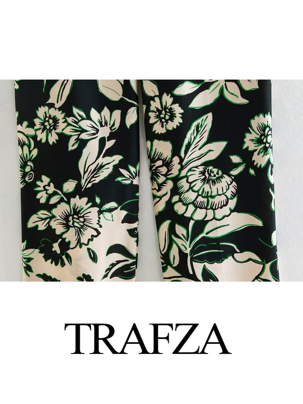 TRAFZA la modă de vară pentru femeie elegantă cu șireturi, cu decolteu în V, cardigan cu mâneci lungi, bluze ＋Pantaloni largi, subțiri, largi, cu imprimare vintage pentru femei