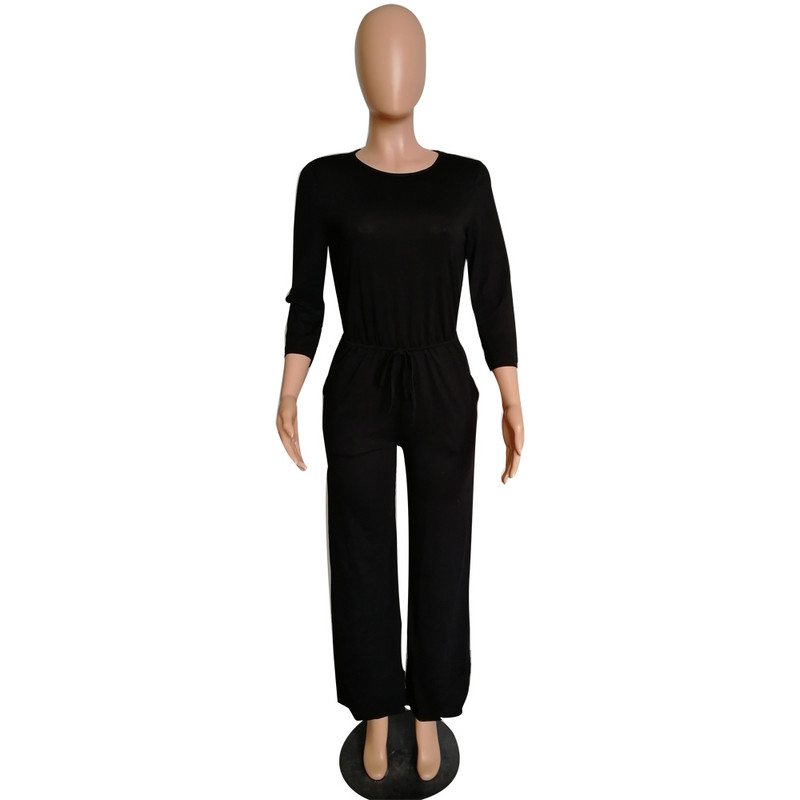 Ženski modni kombinezon dugih rukava u tamnoj boji, široki ležerni kombinezon, ženske hlače sa širokim džepovima na nogavicama, jednodijelni kombinezon, duge hlače