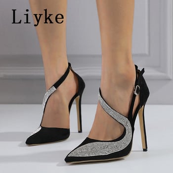 Liyke 2023 New Crystal Rhinestone Women Pumps Σέξι Μυτερά Μουλάρια Ψηλοτάκουνα Παπούτσια Γάμου Νύφης Στιλέτο Σανδάλι Γυναικείο Μαύρο