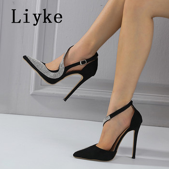 Liyke 2023 New Crystal Rhinestone Women Pumps Σέξι Μυτερά Μουλάρια Ψηλοτάκουνα Παπούτσια Γάμου Νύφης Στιλέτο Σανδάλι Γυναικείο Μαύρο