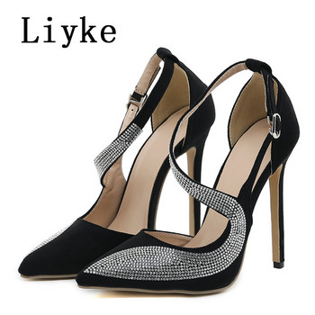 Liyke 2023 New Crystal Rhinestone Women Pumps Σέξι Μυτερά Μουλάρια Ψηλοτάκουνα Παπούτσια Γάμου Νύφης Στιλέτο Σανδάλι Γυναικείο Μαύρο