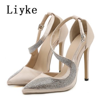 Liyke 2023 New Crystal Rhinestone Women Pumps Σέξι Μυτερά Μουλάρια Ψηλοτάκουνα Παπούτσια Γάμου Νύφης Στιλέτο Σανδάλι Γυναικείο Μαύρο