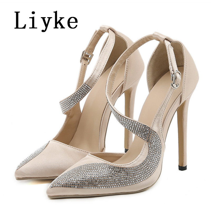 Liyke 2023 Nové krištáľové dámske lodičky s kamienkami, sexy špicatá špička, vysoké podpätky, svadobné topánky pre nevestu, jehlové sandále, dámske čierne