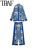 TRAF 2023 Ženska ljetna patchwork satenska odijela Traf široka košulja s rukavima Ženske široke hlače Kompleti od 2 komada Vintage Chic